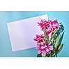 White sheet of paper for text with a corner frame of pink beautiful flowers on a blue background as a greeting card, top view