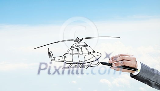 Hand drawing with stylus helicopter model on sky background Hand drawing with stylus helicopter model on sky background