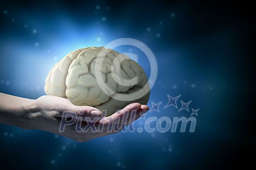Close up of human hand holding brain Close up of human hand holding brain