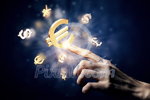 Hand touching money currency symbol with finger Hand touching money currency symbol with finger