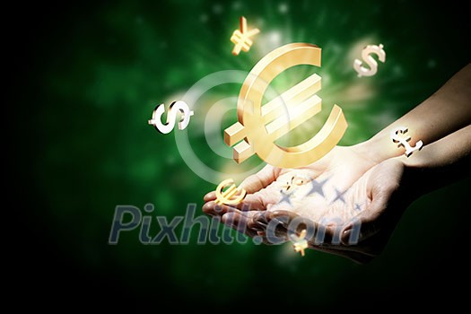 Dollar euro yen pound currency symbols in palms