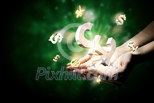 Dollar euro yen pound currency symbols in palms Dollar euro yen pound currency symbols in palms