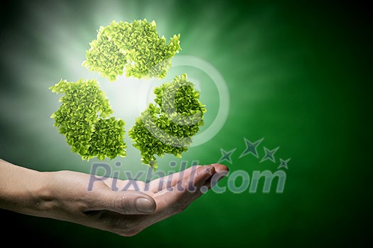 Close up of hand holding green recycle sign Close up of hand holding green recycle sign
