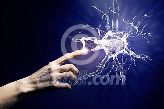 Close up of man hand touching nerve symbol Close up of man hand touching nerve symbol