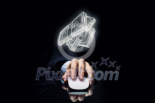 Hand of businessman in suit on dark background using wireless computer mouse Hand of businessman in suit on dark background using wireless computer mouse