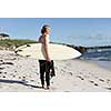 A surfer with his surfboard at the beach