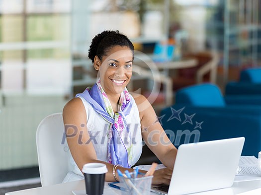 Young business woman working with laptop in office Young business woman working with laptop in office