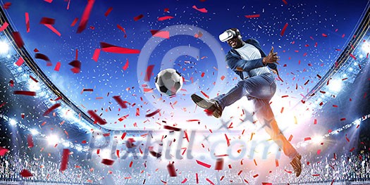 Aframerican man wearing virtual helmet and trying soccer game. Mixed media