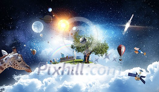 Modern cityscape with buildings and skyscrapers floating on clouds in sky Modern cityscape with buildings and skyscrapers floating on clouds in sky