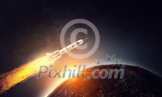 Rocket missile flying around Earth planet. Elements of this image are furnished by NASA