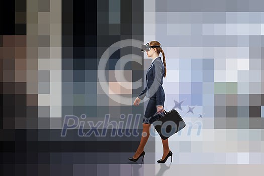 Elegant businesswoman in virtual helmet between two realities. Mixed media