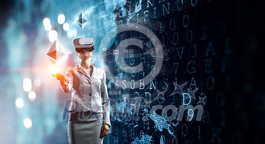Businesswoman wearng virtual reality headset working with media panel. 3d rendering Businesswoman wearng virtual reality headset working with media panel. 3d rendering
