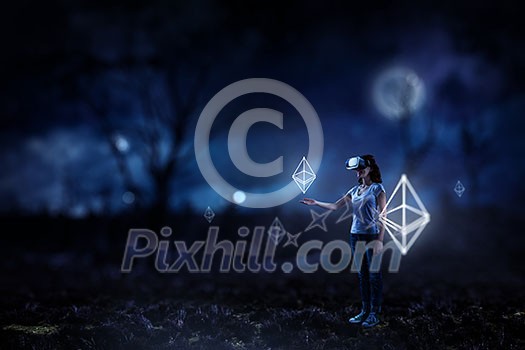 Businesswoman wearing virtual mask and touching bitcoin sign. 3d rendering Businesswoman wearing virtual mask and touching bitcoin sign. 3d rendering