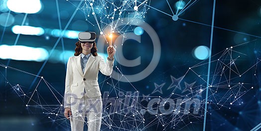 Businesswoman trying virtual reality glasses. 3d rendering Businesswoman trying virtual reality glasses. 3d rendering