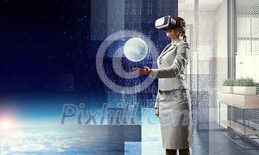 Businesswoman trying virtual reality glasses. Mixed media