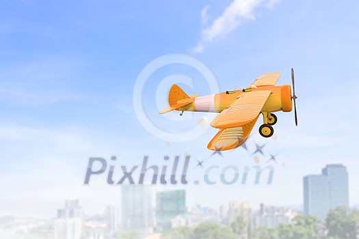 Retro airplane flying high in sky. Mixed media Retro airplane flying high in sky. Mixed media