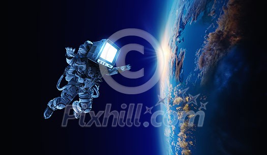 Astronaut with vintage TV head at spacewalk on planet orbit. Mixed media.