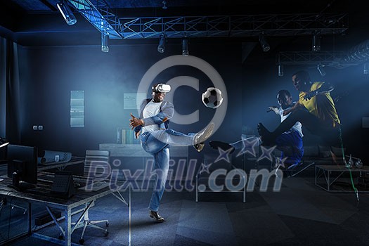 Virtual Reality headset on a black male playing football