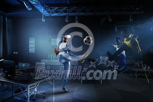 Virtual Reality headset on a black male playing football Virtual Reality headset on a black male playing football