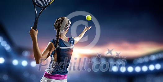 Young woman in uniform playing tennis in action. Mixed media
