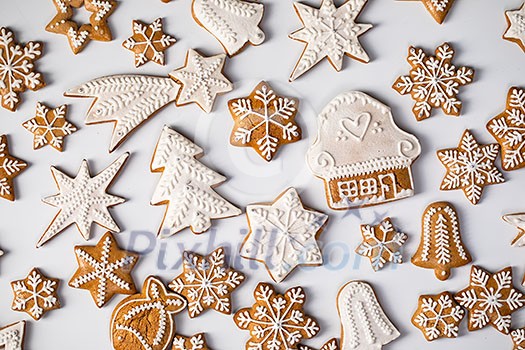 Big set Christmas gingerbread: gingerbread houses, crescent, gingerbread man, snowflakes, sock, Christmas tree, bell, star, new year's ball on white background Big set Christmas gingerbread: gingerbread houses, crescent, gingerbread man, snowflakes, sock, Christmas tree, bell, star, new year's ball on white background