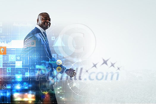 Digital schemes and graphs with businessman walking and smiling. Digital schemes and graphs with businessman walking and smiling.