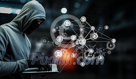 Hacker with laptop trying to unlock code, bitcoin network graph