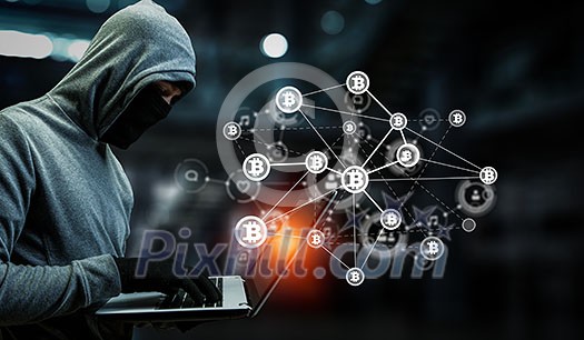 Hacker with laptop trying to unlock code, bitcoin network graph Hacker with laptop trying to unlock code, bitcoin network graph