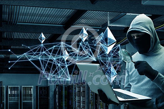 Hacker with laptop and magnifier trying to unlock code, 3d network graphs , in server room