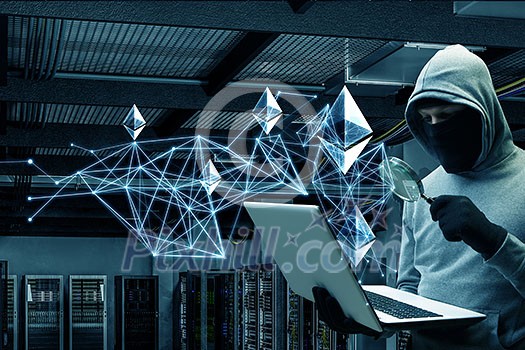 Hacker with laptop and magnifier trying to unlock code, 3d network graphs , in server room Hacker with laptop and magnifier trying to unlock code, 3d network graphs , in server room