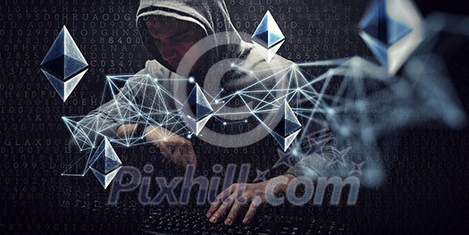 Hacker with his hands on two keypads and Ethereum signs with 3D graph Hacker with his hands on two keypads and Ethereum signs with 3D graph