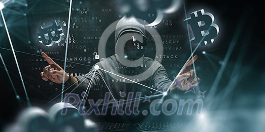 Hacker with his hands on touchscreen and Bitcoin signs with 3D graph Hacker with his hands on touchscreen and Bitcoin signs with 3D graph