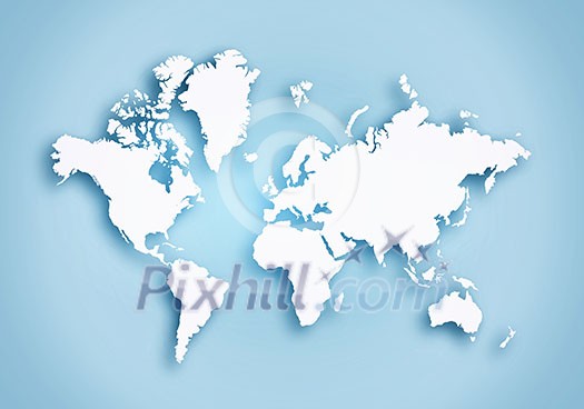 Simple world digital map with outlined continents in light blue colour