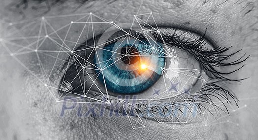close up of eye with blue iris and 3d network graph