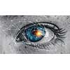 close up of eye with blue iris and 3d network graph