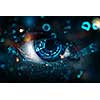 close up of eye with blue digital iris and digital code around