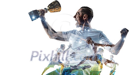 Football player with cup and a shoot of a hot moment of match, isolated on white background