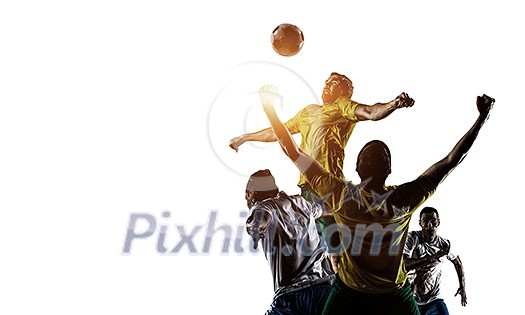 Football players with ball in motion, isolated on white background
