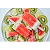 Summer dessert from frozen fruit juice lolly with ice and pieces of watermelon, kiwi and lime in a plate on a gray marble background. Flat lay