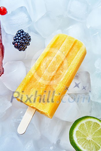 Yellow lemon sorbet ice cream with lime and berries over the ice , flat lay. Summer dessert