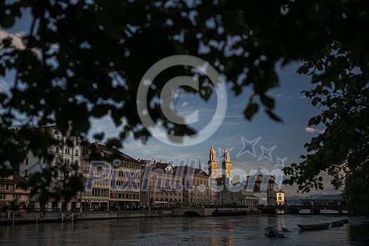 Aerial view of Zurich city center with famous Grossmünster Church and river Limmat at Lake Zurich from Grossmünster Church, Canton of Zurich Switzerland