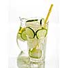 Healthy detox fizzy water with lemon and cucumber in Highball glass. Fresh Summer Drink. Healthy food concept. Detox diet.