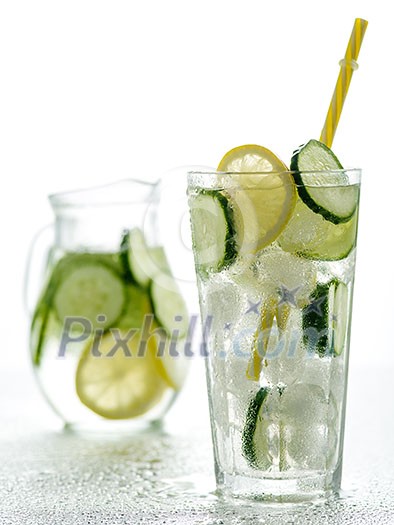 Healthy detox fizzy water with lemon and cucumber in Highball glass. Fresh Summer Drink. Healthy food concept. Detox diet.