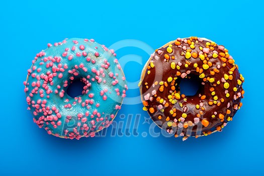 Colorful tasty glazed donuts on a colored background.