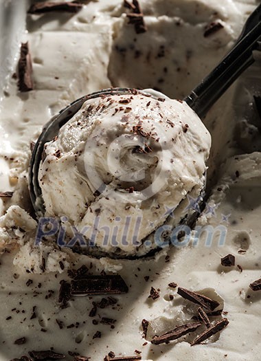 Vanilla ice cream ball with chocolate chips in a spoon