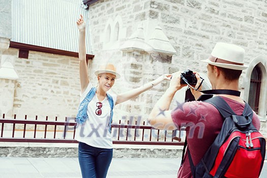 Young woman in city posing for a photo