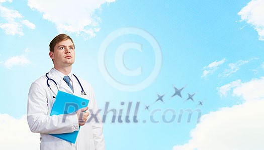 Young man doctor holding folder thinking something over