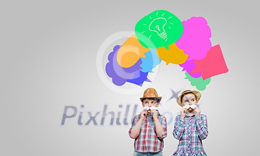 Cute girl and boy wearing shirt hat and mustache Cute girl and boy wearing shirt hat and mustache