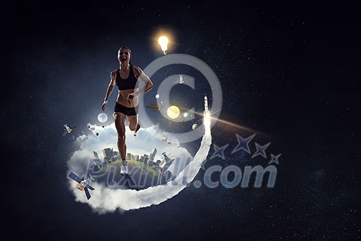Young athlete girl running outdoor in summer sunny day. Mixed media Young athlete girl running outdoor in summer sunny day. Mixed media