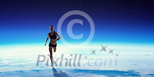 Young athlete girl running high on clouds. Mixed media Young athlete girl running high on clouds. Mixed media
